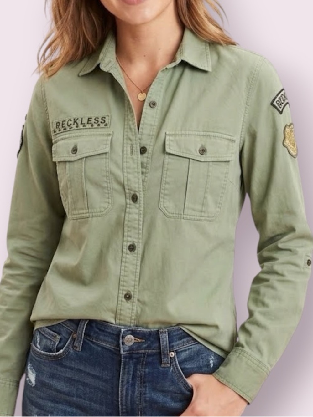 Young & Reckless Military Inspired Button Up Top Studs Patches Green Size Small